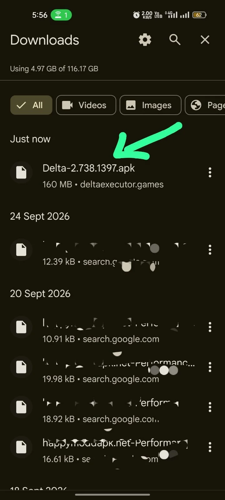 Chrome downloads list showing the Delta Executor APK file finished downloading