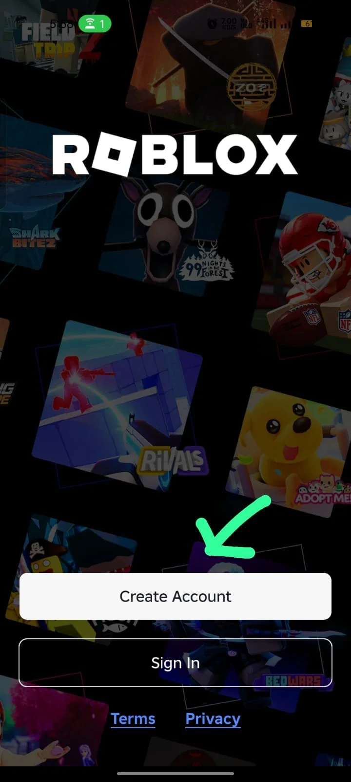 Roblox sign-in screen shown on first launch after installing Delta Executor