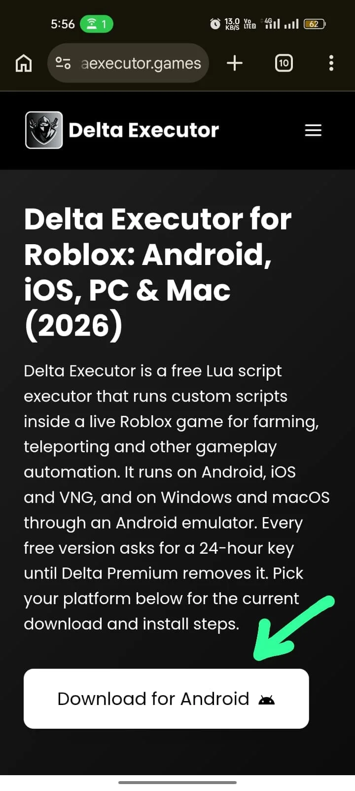 Delta Executor homepage with the Download for Android button highlighted