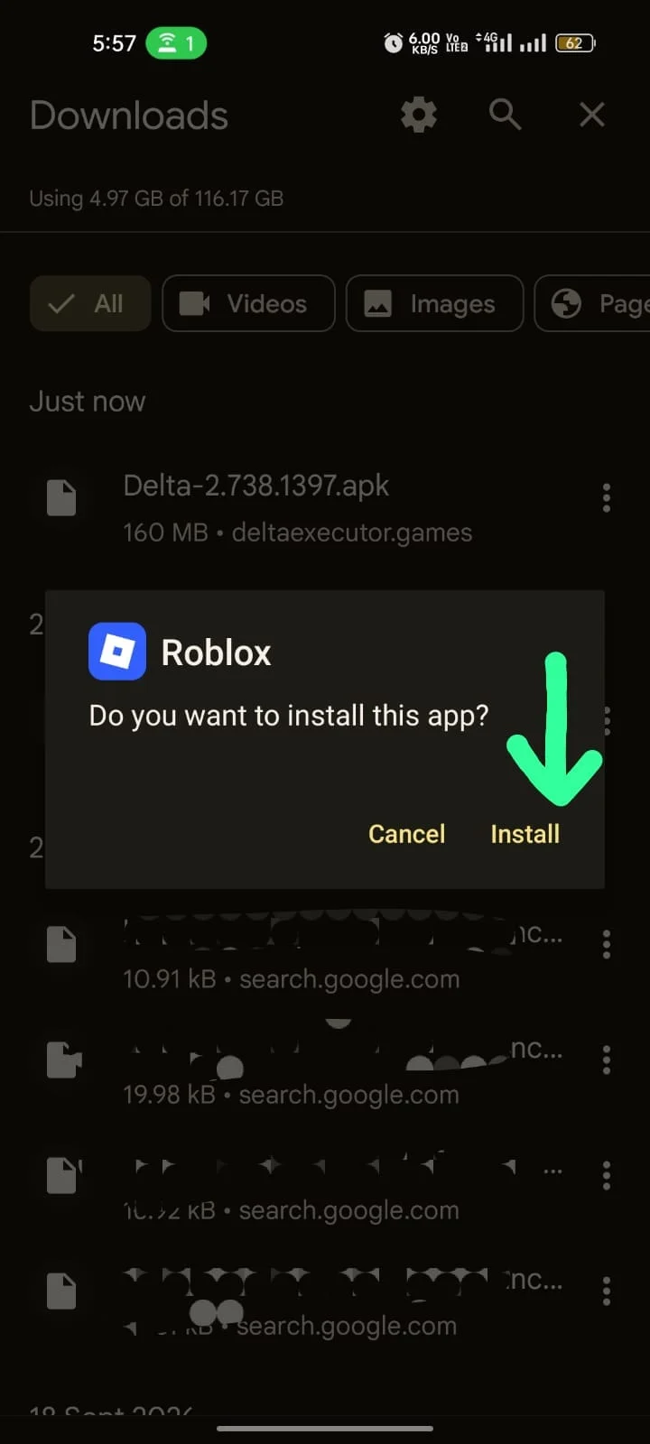 Android install prompt for the Delta Executor APK, showing it named Roblox with an Install button