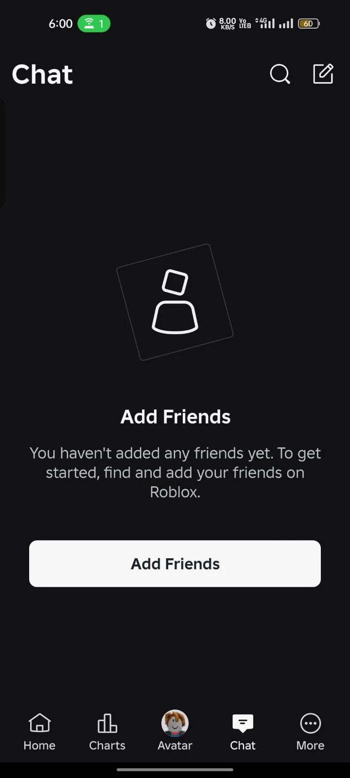 A fresh Roblox account's empty Chat tab with no friends added, the kind of alternate account scripts belong on
