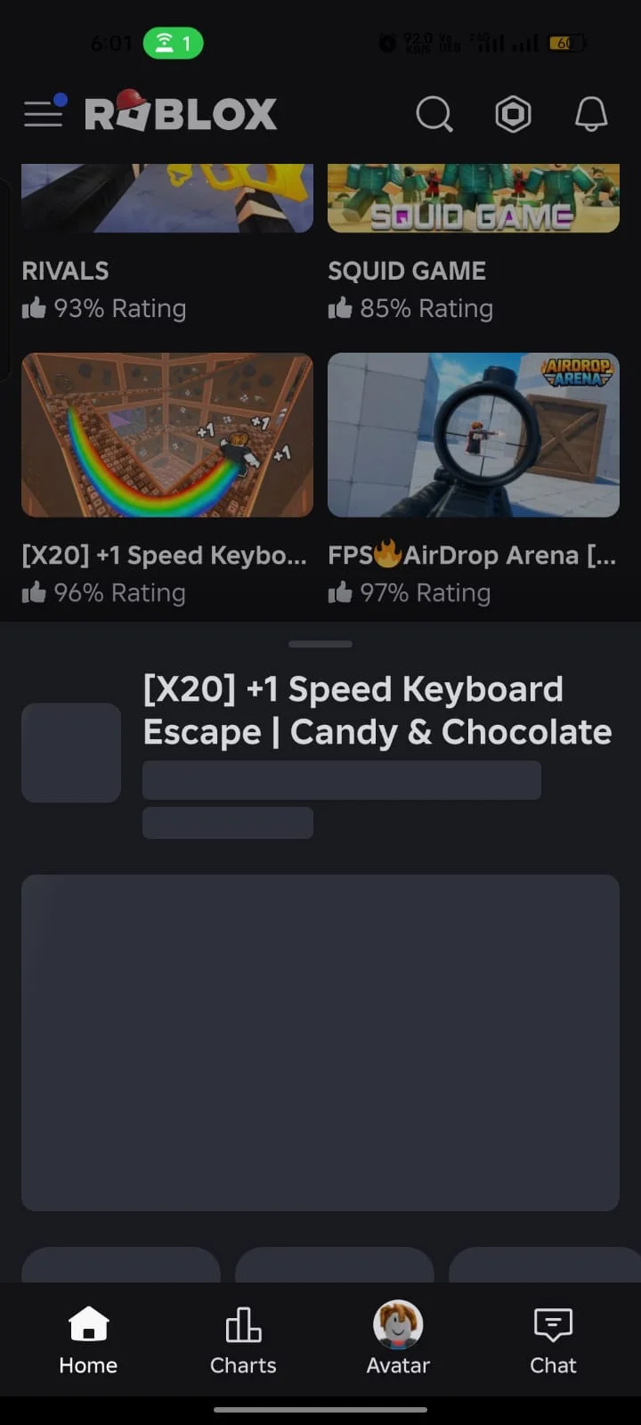 Roblox home screen with a grid of games to join after signing in