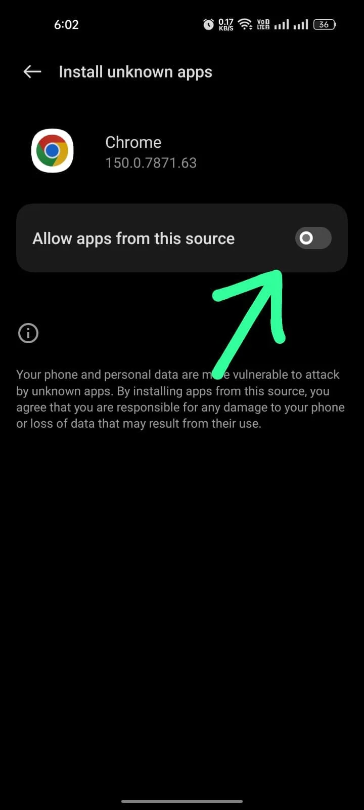 Android Install unknown apps screen with Allow apps from this source switched on for Chrome